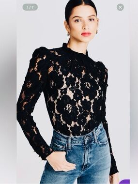 Wayf Emma Black Lace Puff Sleeve Long Sleeve Lace Blouse NWOT
